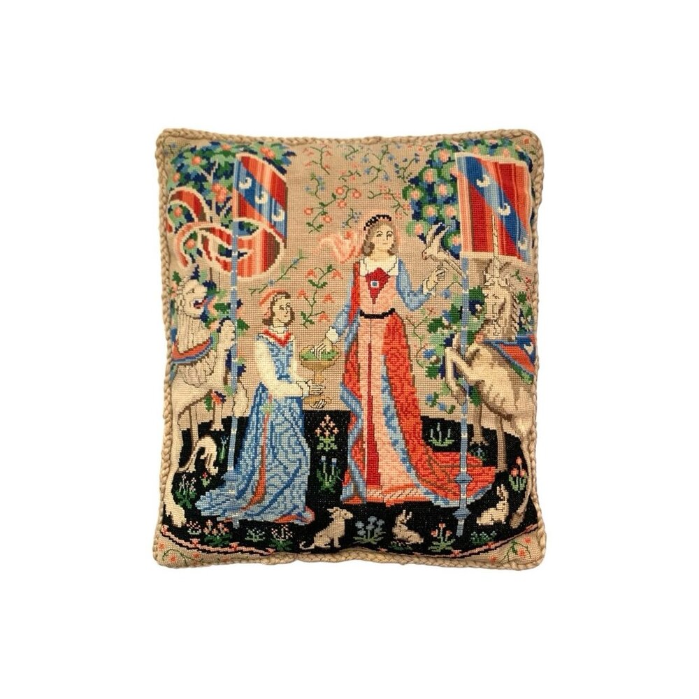Pillow Lady and the Unicorn Vintage Handmade Tapestry Whimsical Medieval Decor